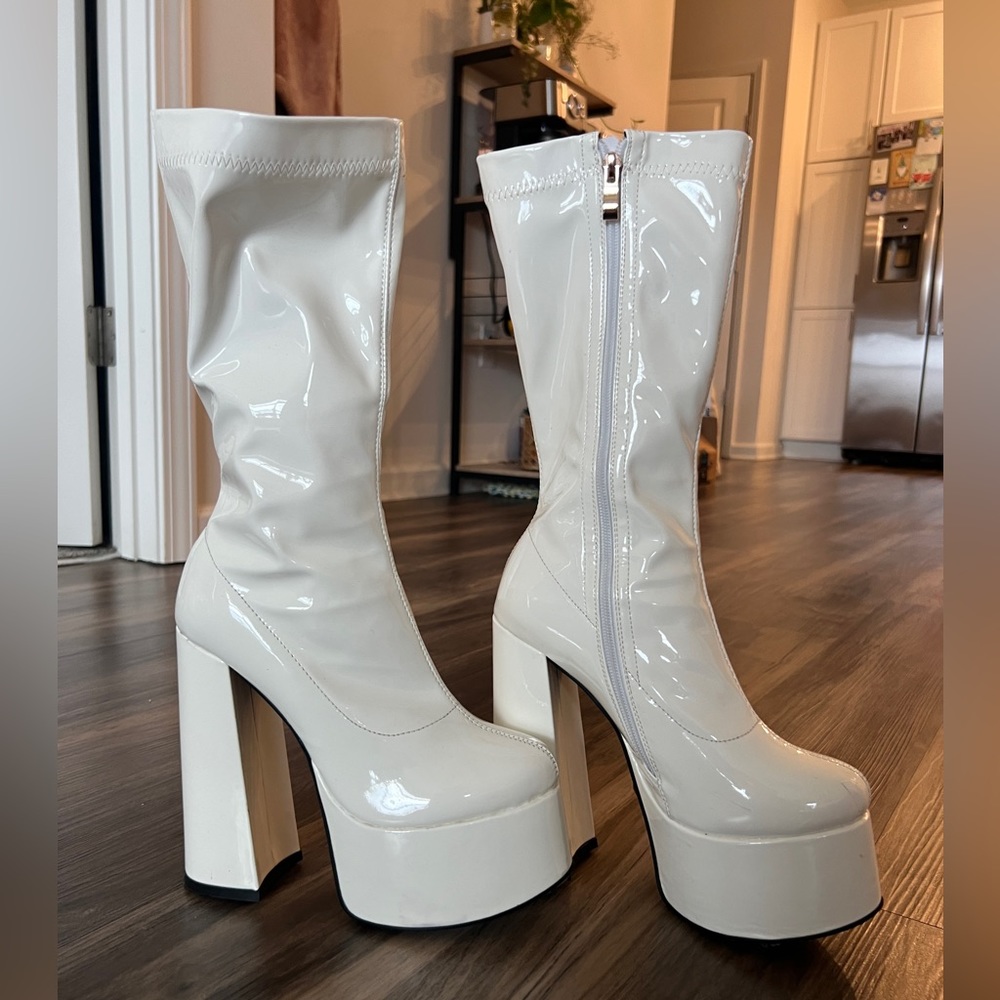 White patent gogo heels